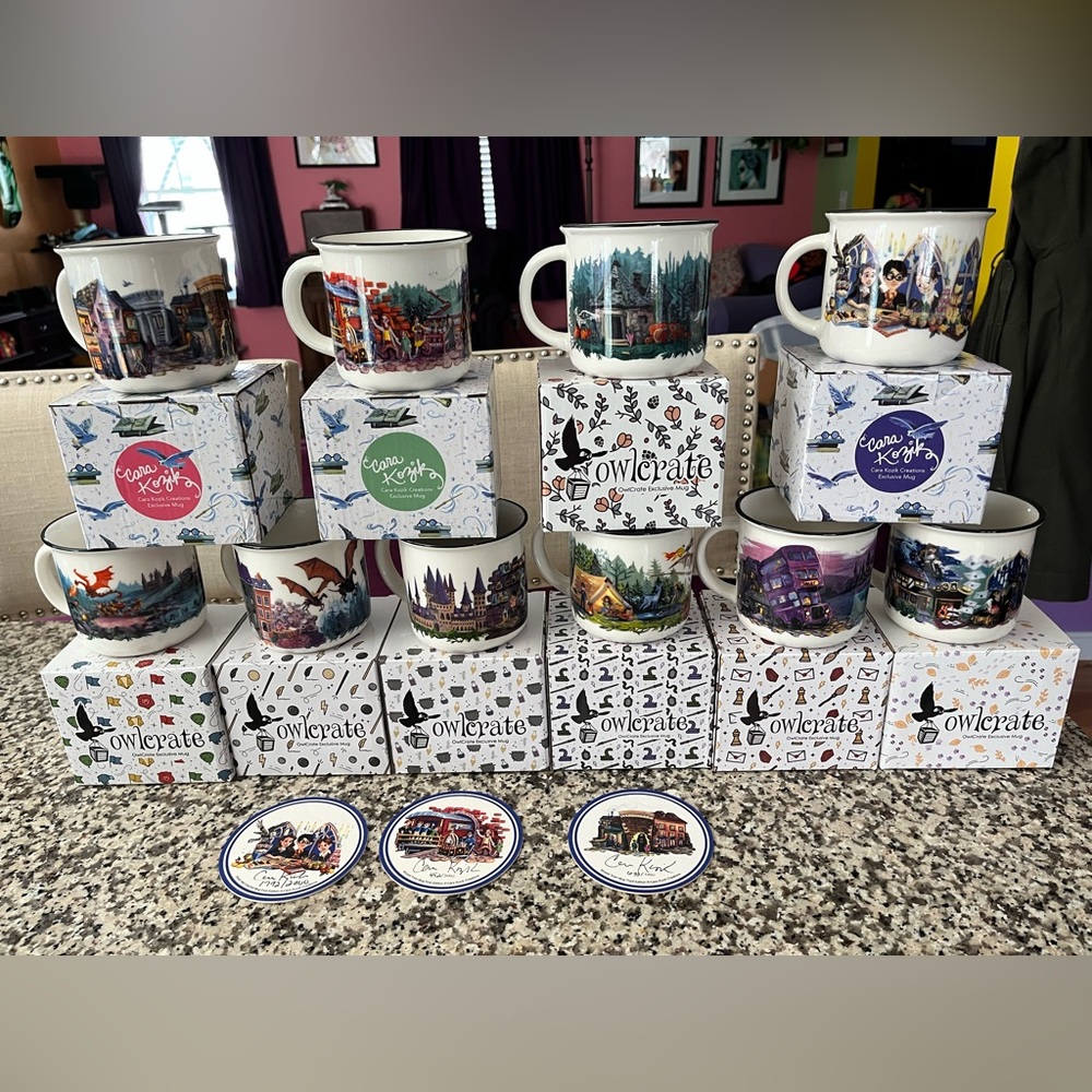 Harry Potter ceramic mug collection from Owlcrate/Cara Kozik. 10 mugs displayed.
